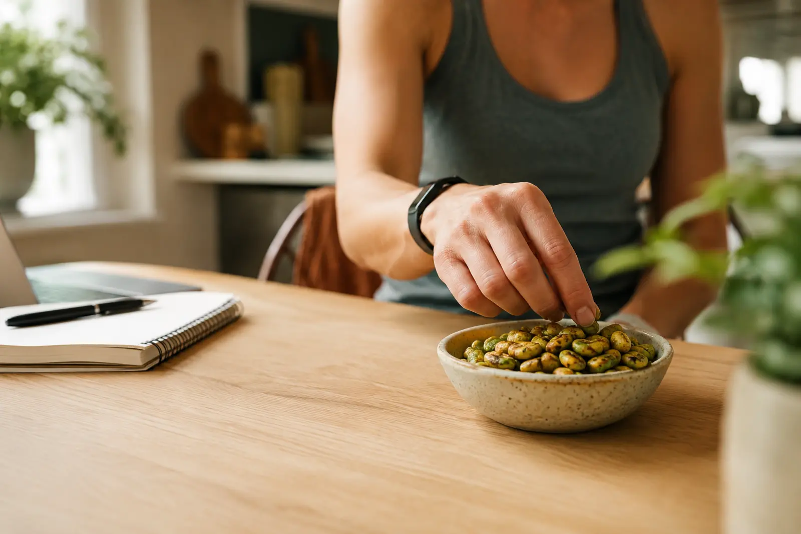 Active adult enjoying a bowl of roasted edamame while working