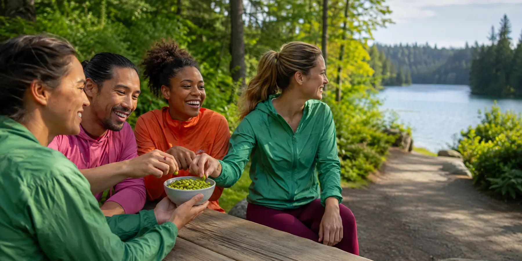 Friends sharing crunchy roasted edamame beside a lake